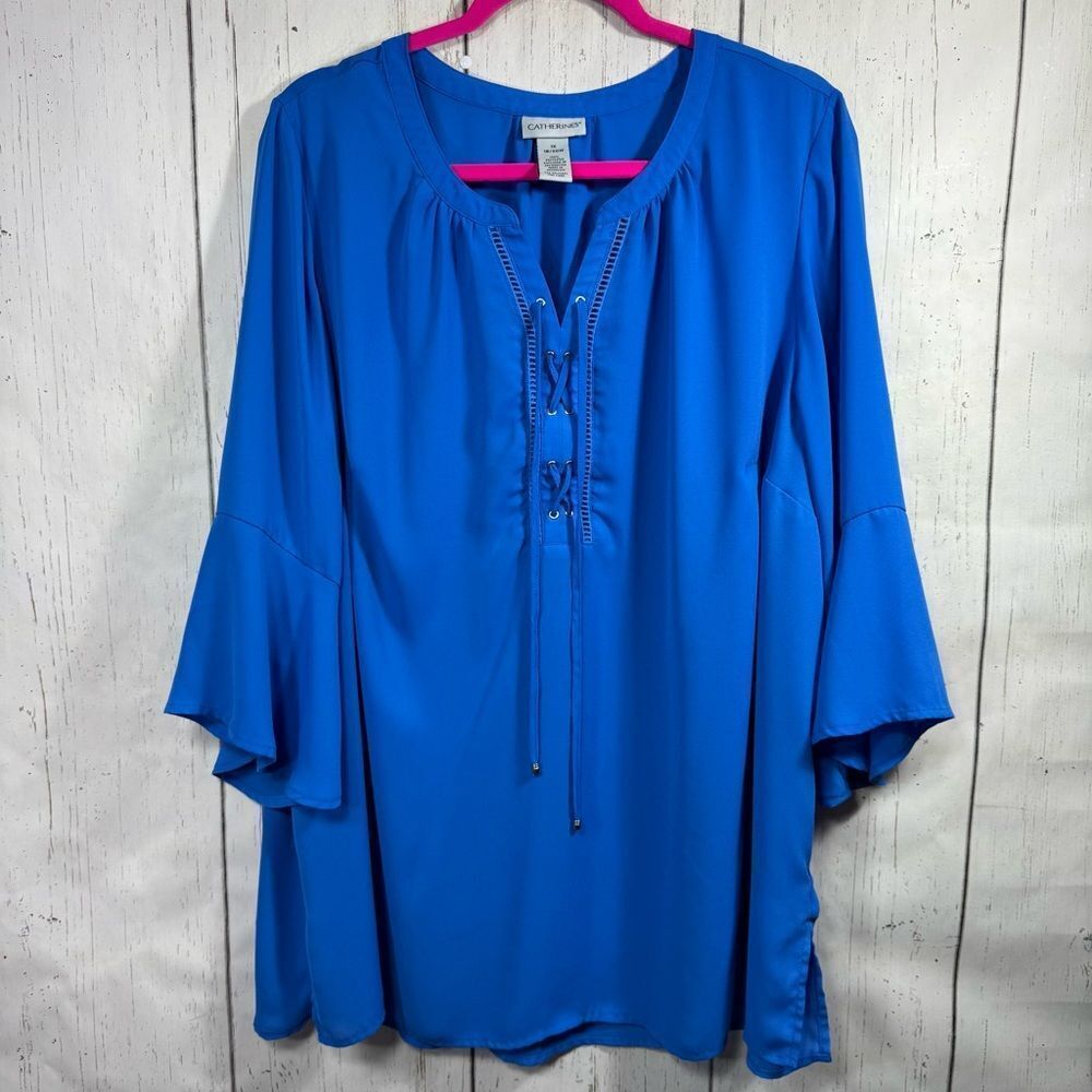 Catherines Blue Boho Peasant Blouse Plus Size 1X Lace Up Bell Sleeve